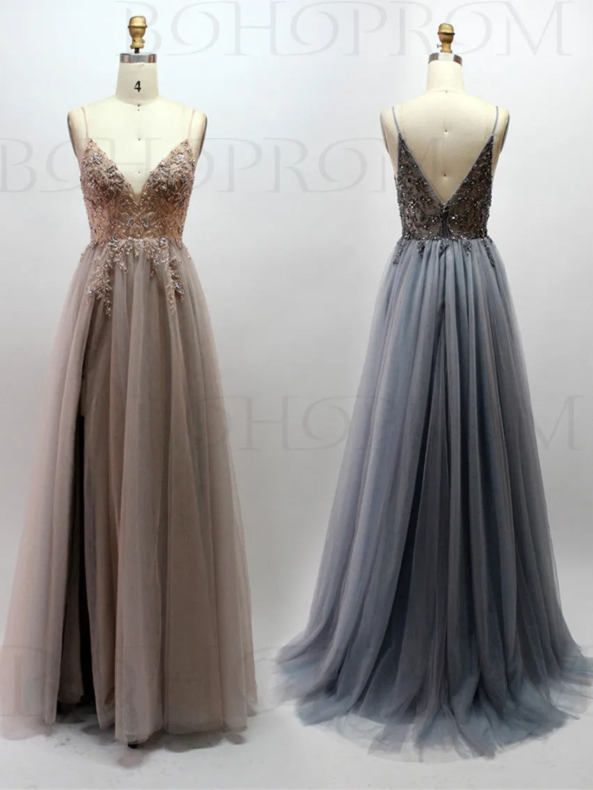 Eye-catching Illusion Prom Dresses Tulle Spaghetti Straps A-line Formal Gowns PD367