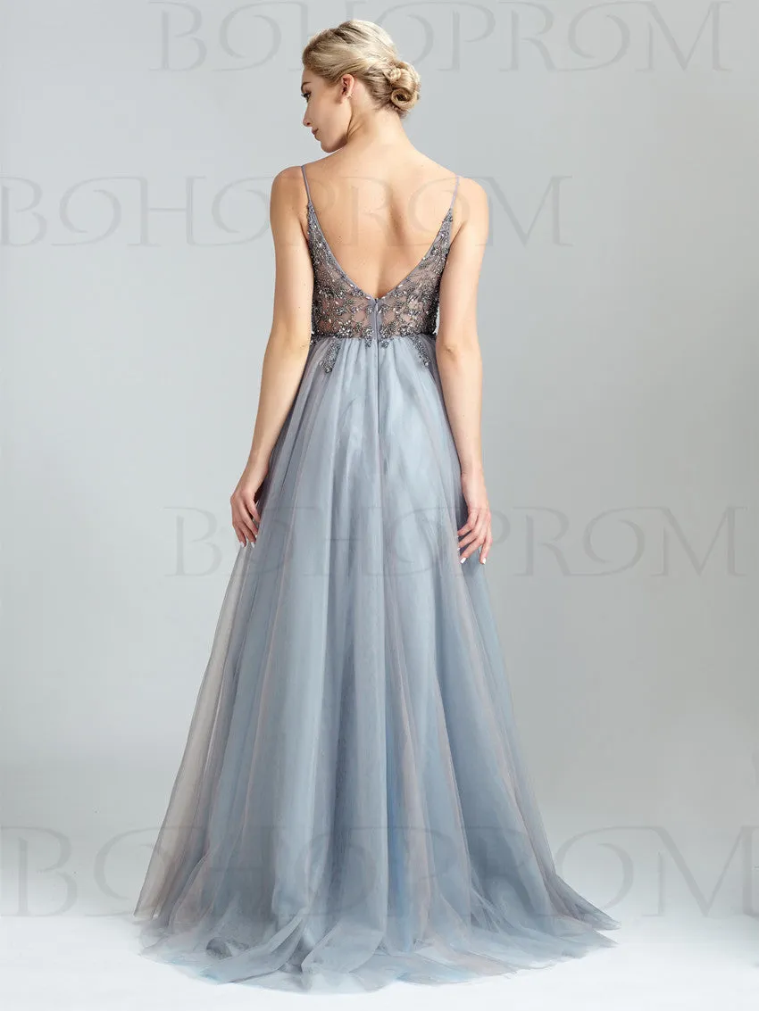 Eye-catching Illusion Prom Dresses Tulle Spaghetti Straps A-line Formal Gowns PD367