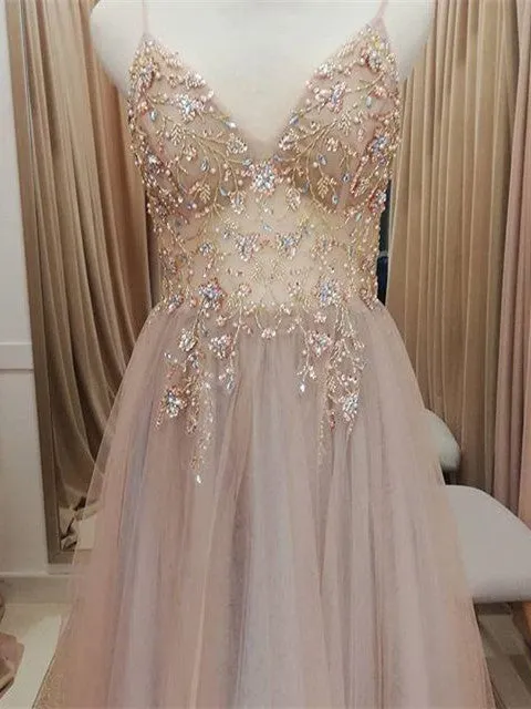 Eye-catching Illusion Prom Dresses Tulle Spaghetti Straps A-line Formal Gowns PD367