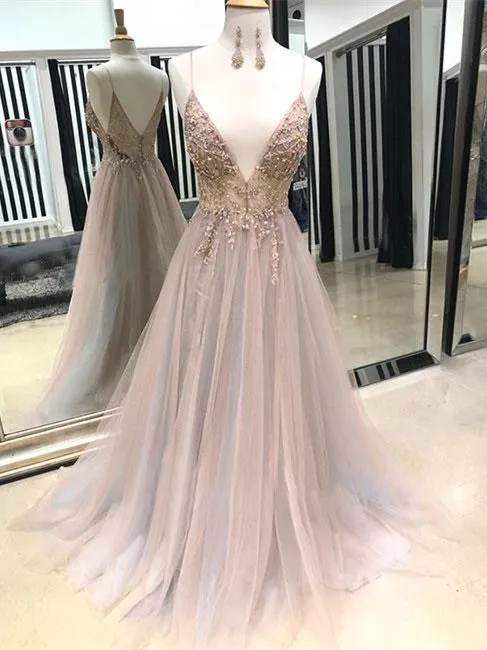 Eye-catching Illusion Prom Dresses Tulle Spaghetti Straps A-line Formal Gowns PD367