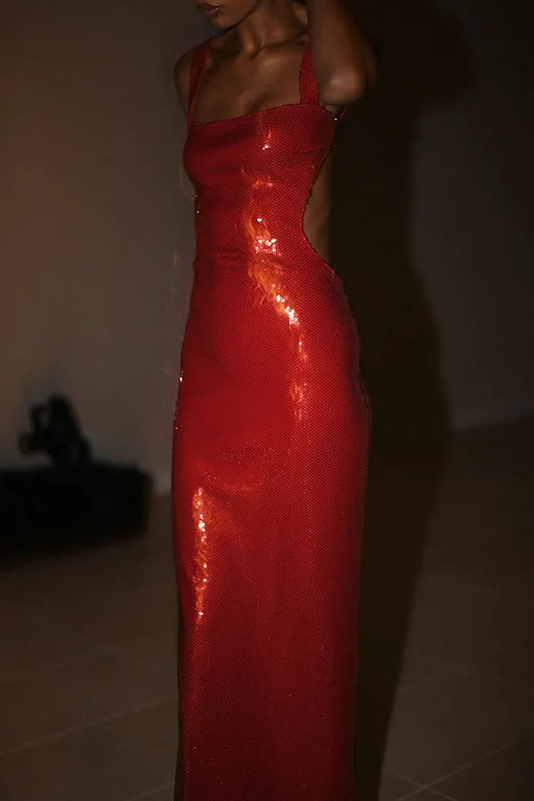 Eye Catching Sequin Cutout Waist Wide Strap Bacakless Maxi Dress