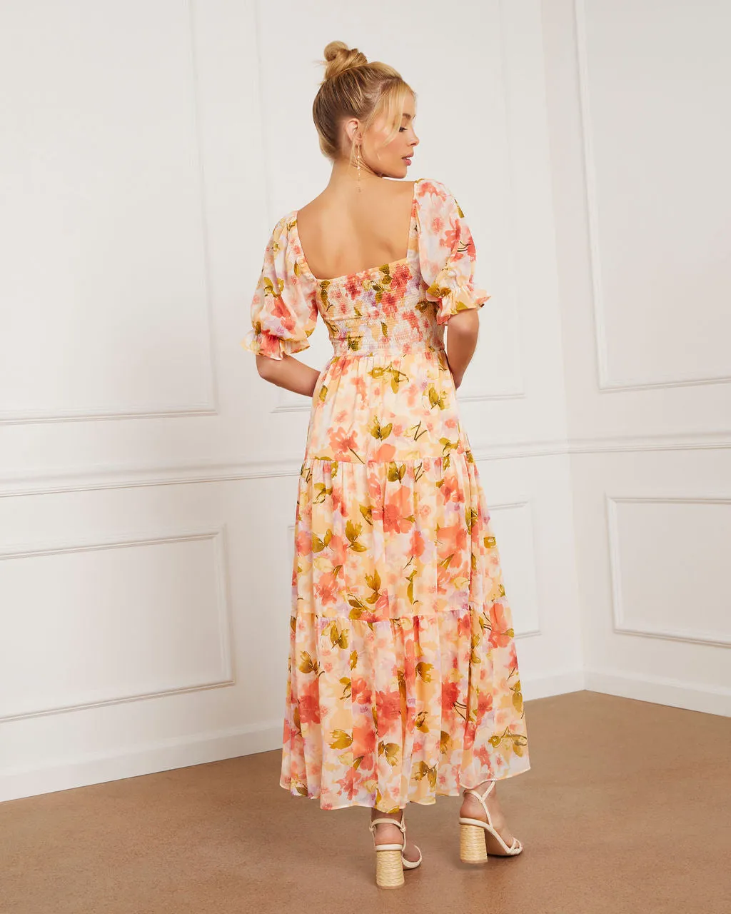 Floral Fantasy Skies Smocked Tiered Puff Sleeve Maxi Dress