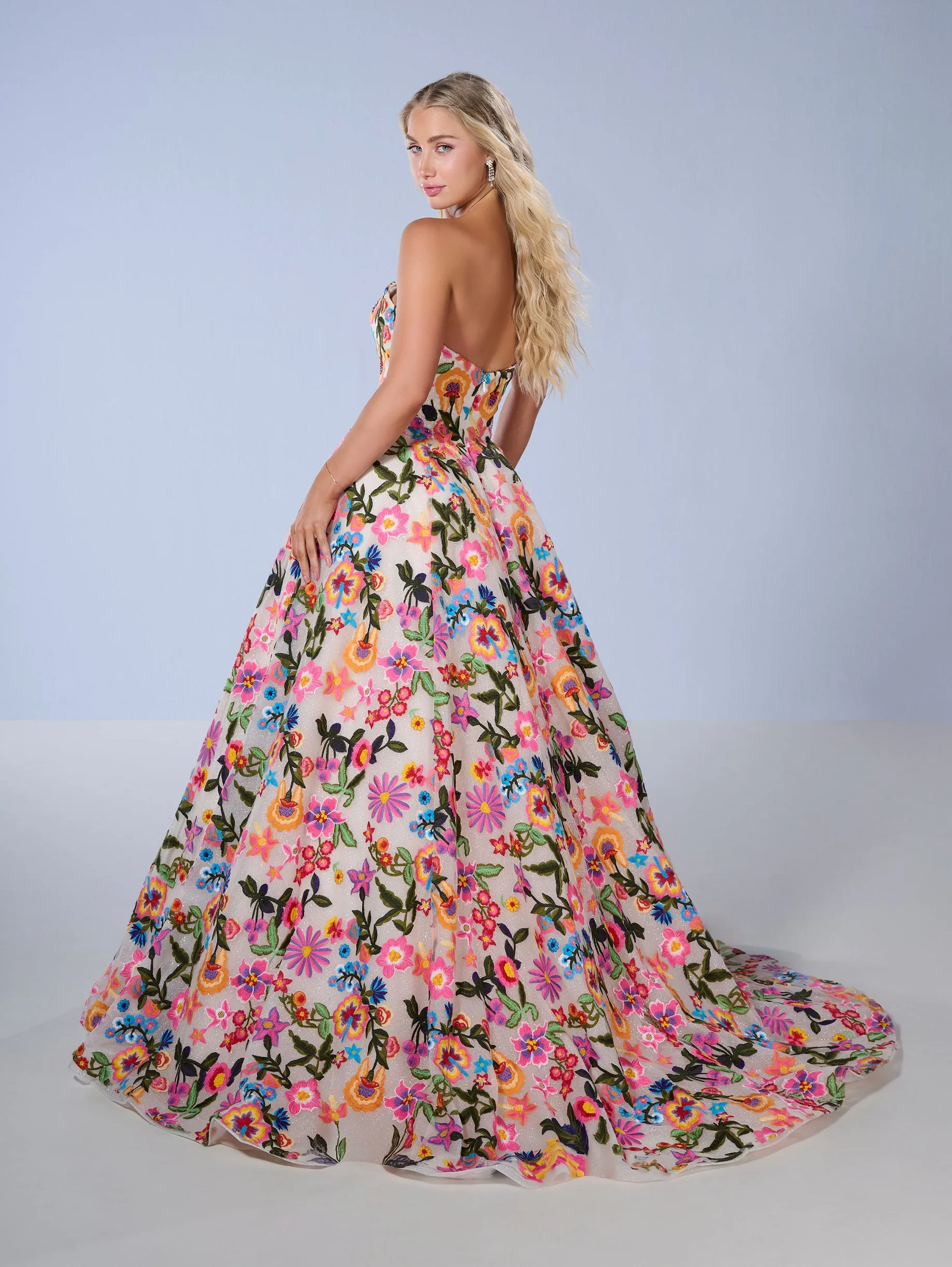 Floral Print Strapless Gown by Tiffany Designs 16176