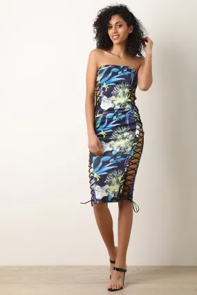 Floral Side Corset Open Lace-Up Tube Dress