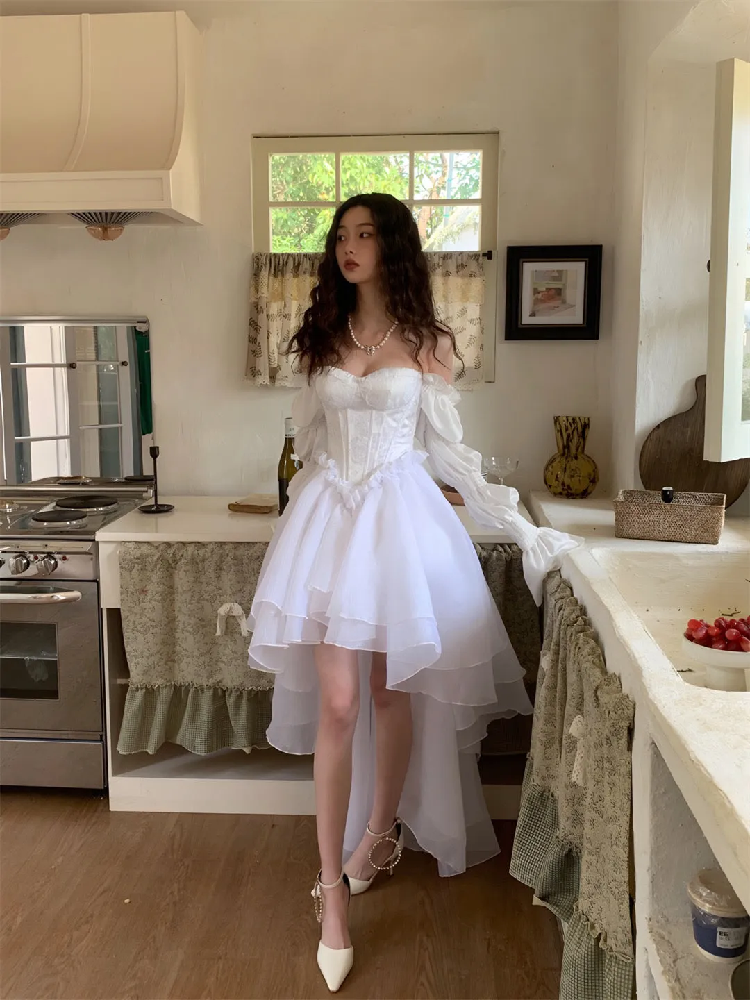 Flytonn- White Marie Sleeves Asymmetric Layered Lolita Dress