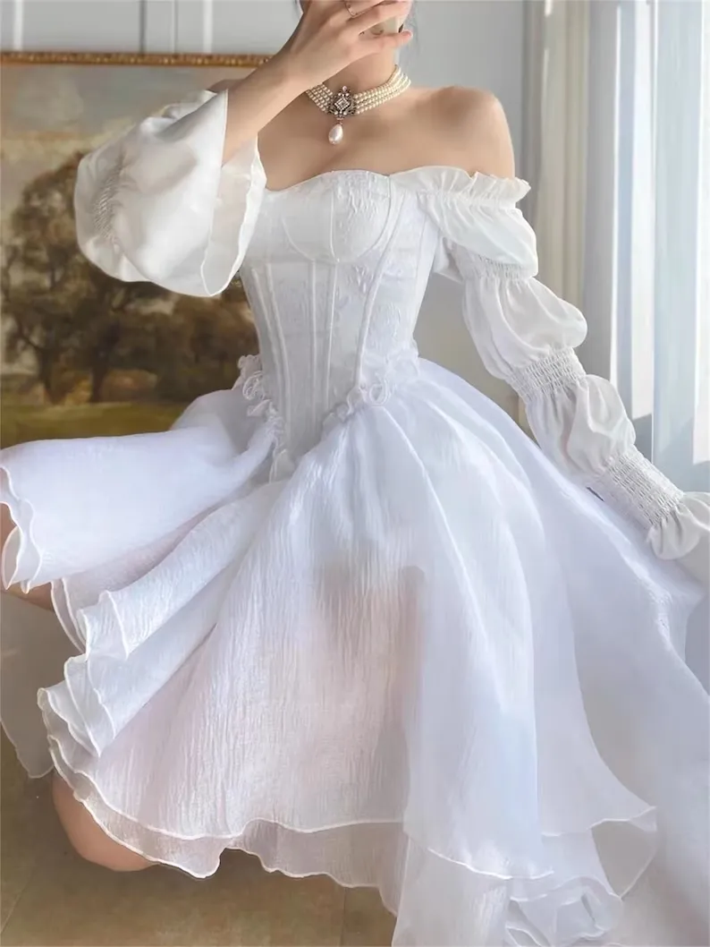 Flytonn- White Marie Sleeves Asymmetric Layered Lolita Dress