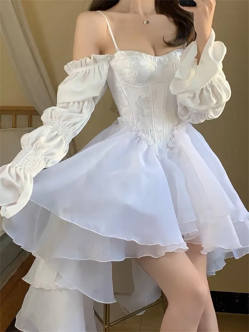 Flytonn- White Marie Sleeves Asymmetric Layered Lolita Dress