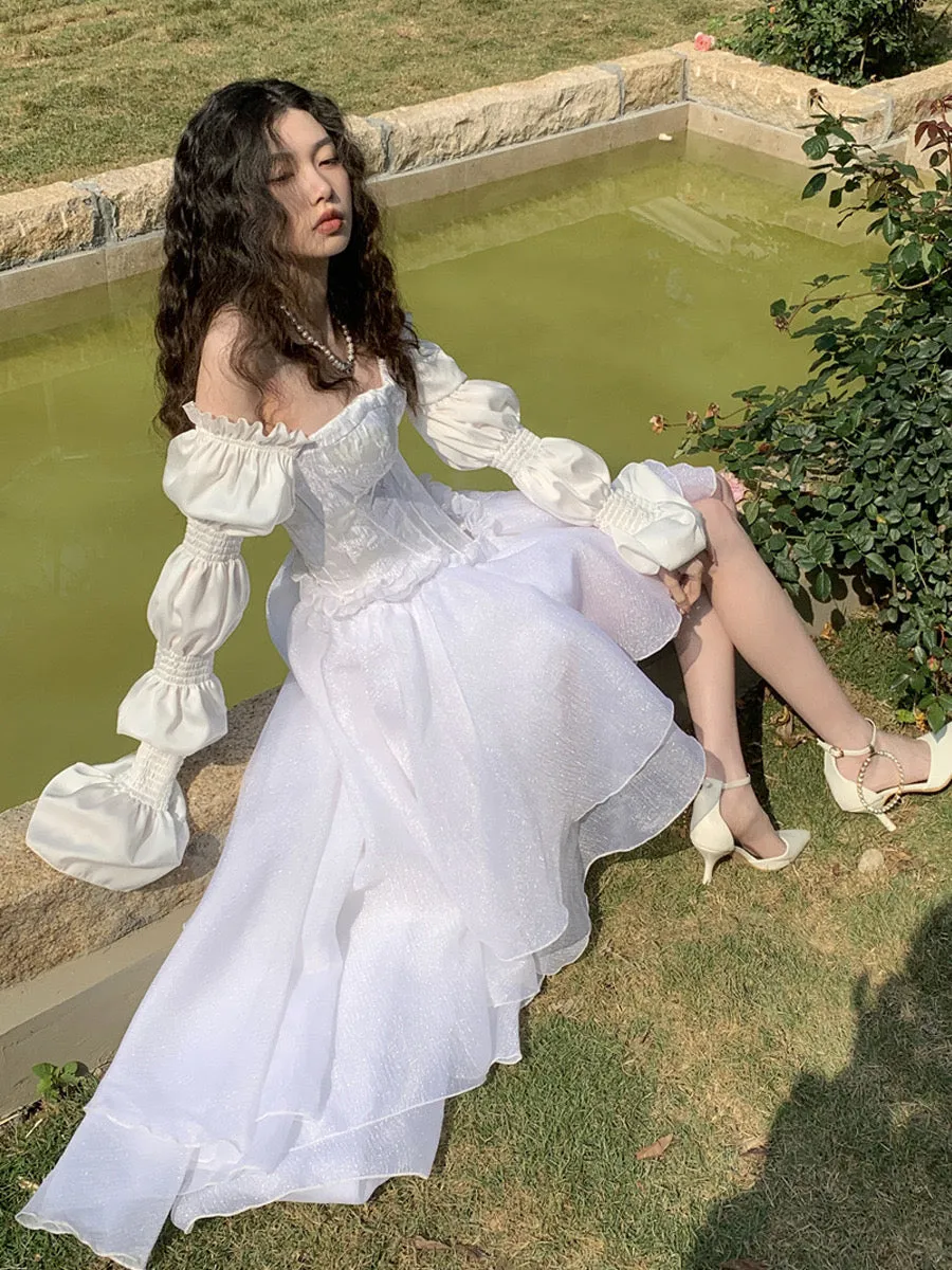 Flytonn- White Marie Sleeves Asymmetric Layered Lolita Dress