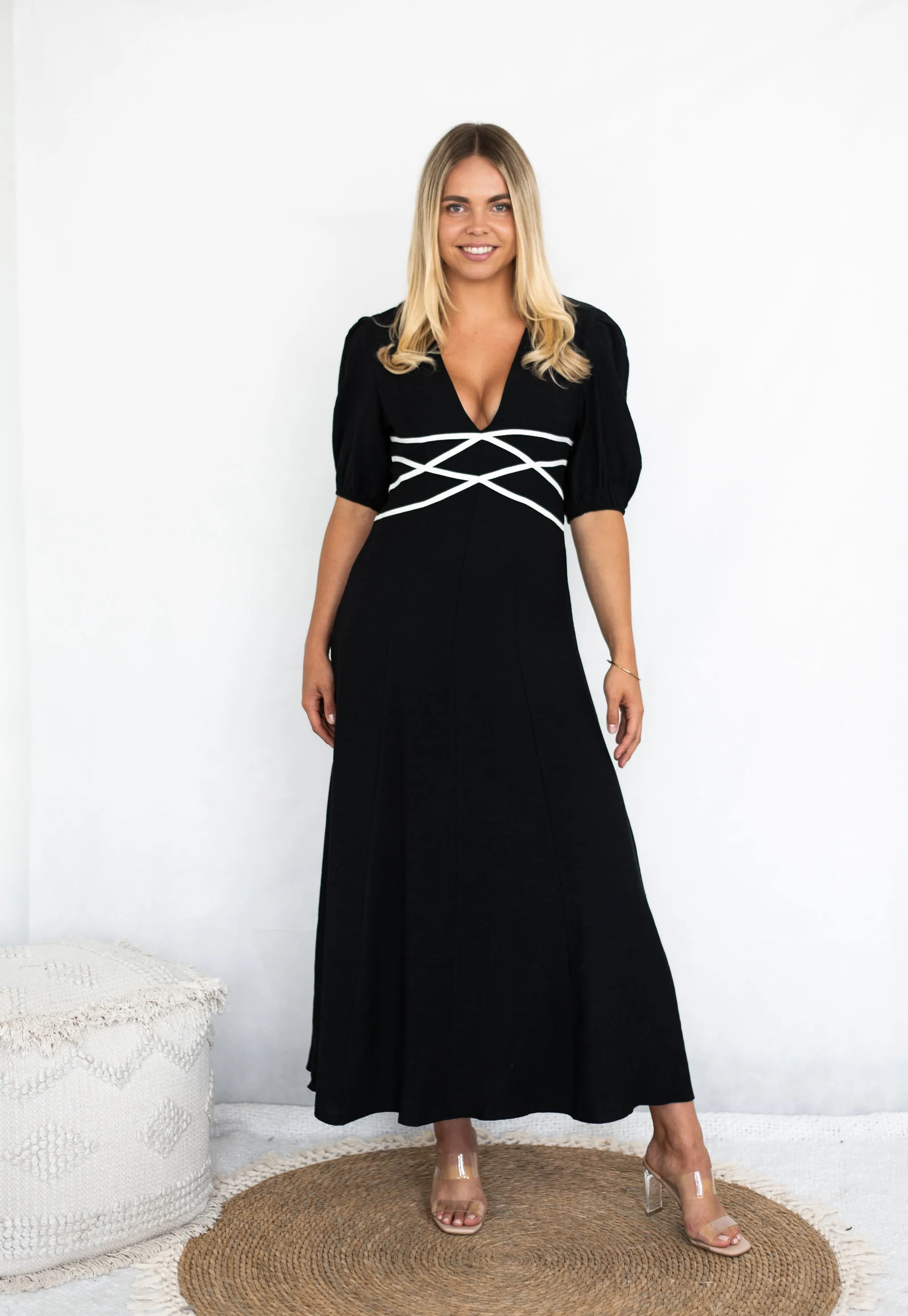 Fria Linen Blend Grecian Tape Detail Midi Dress Black White 6