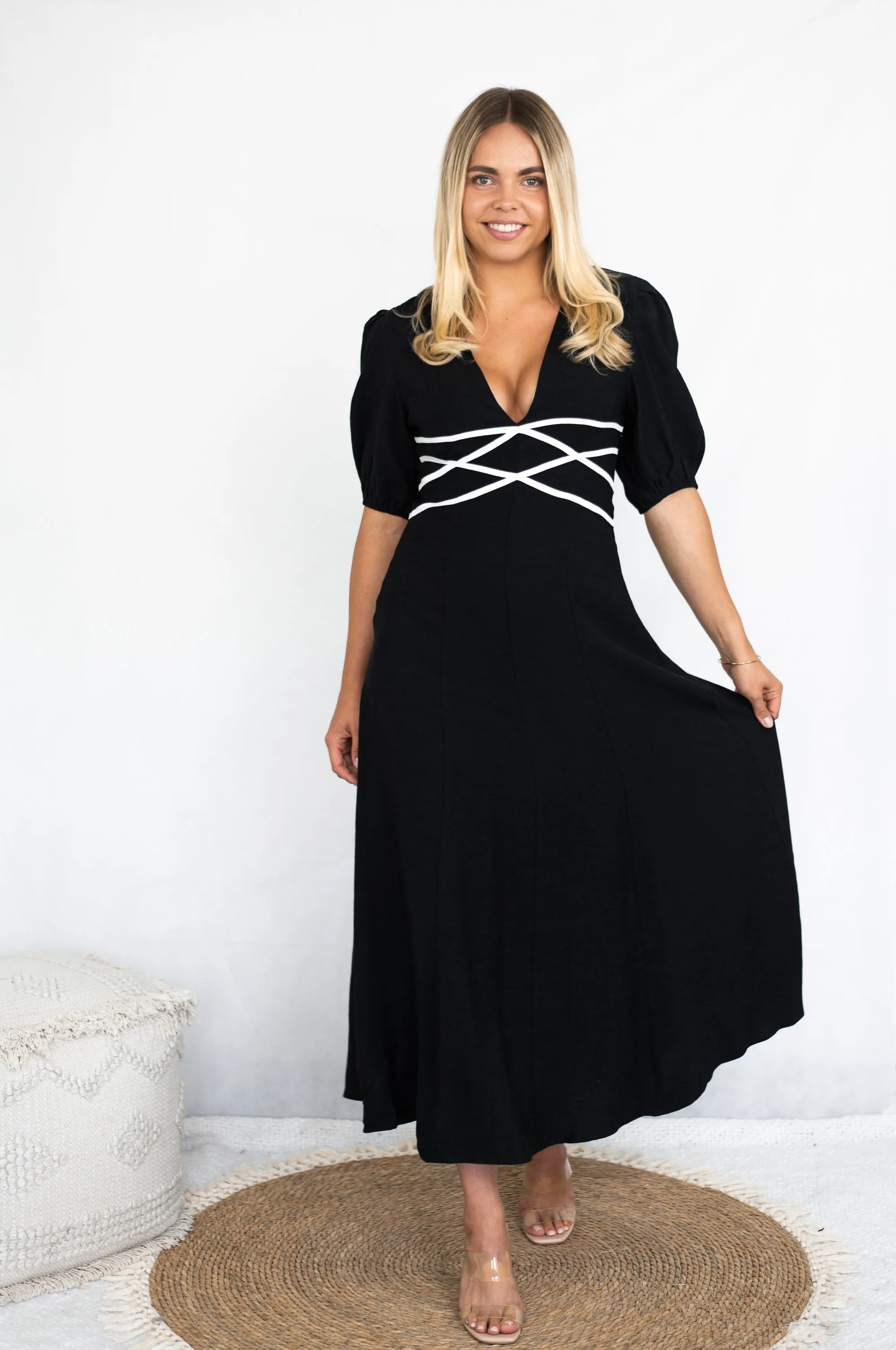 Fria Linen Blend Grecian Tape Detail Midi Dress Black White 6