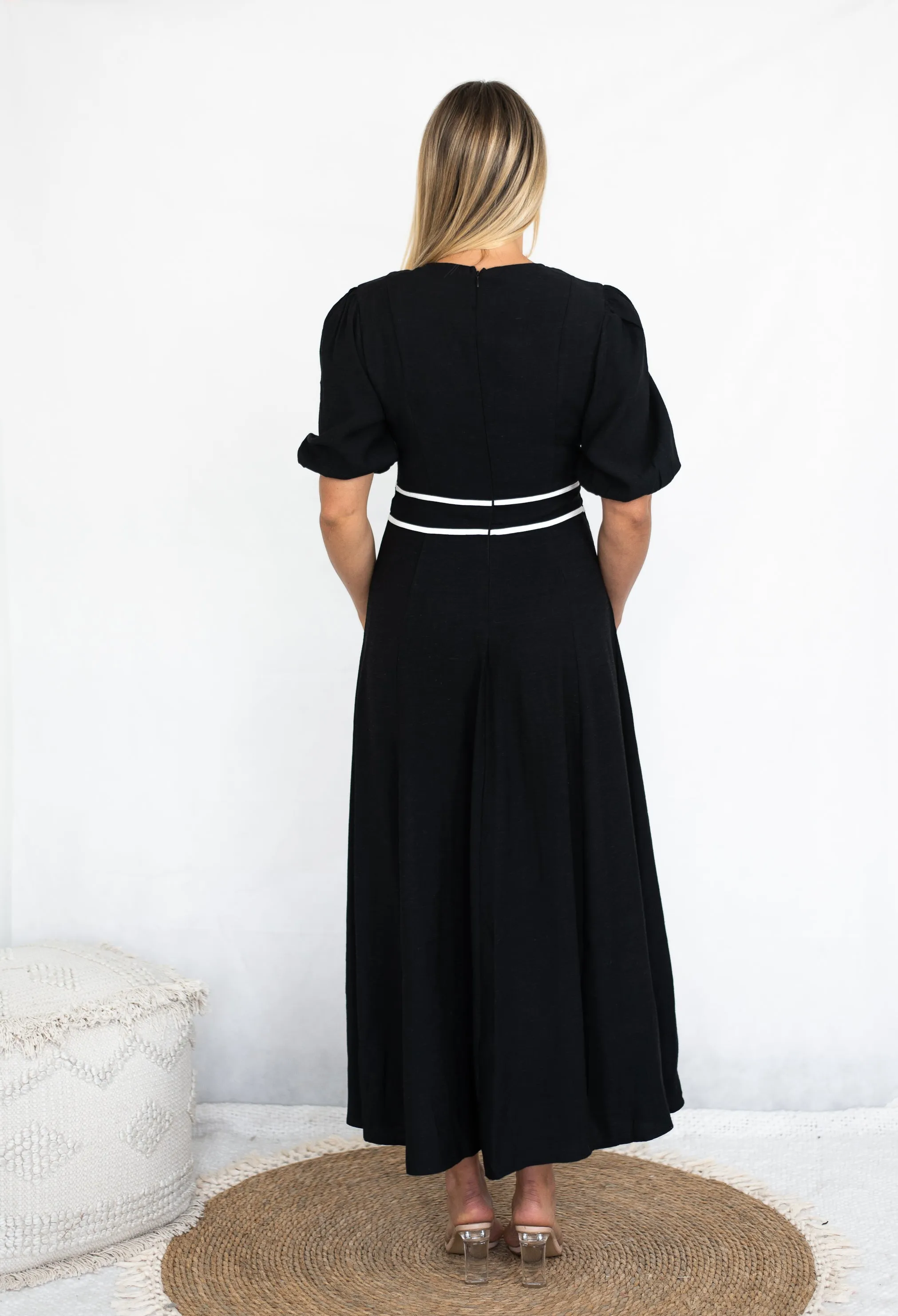 Fria Linen Blend Grecian Tape Detail Midi Dress Black White 6