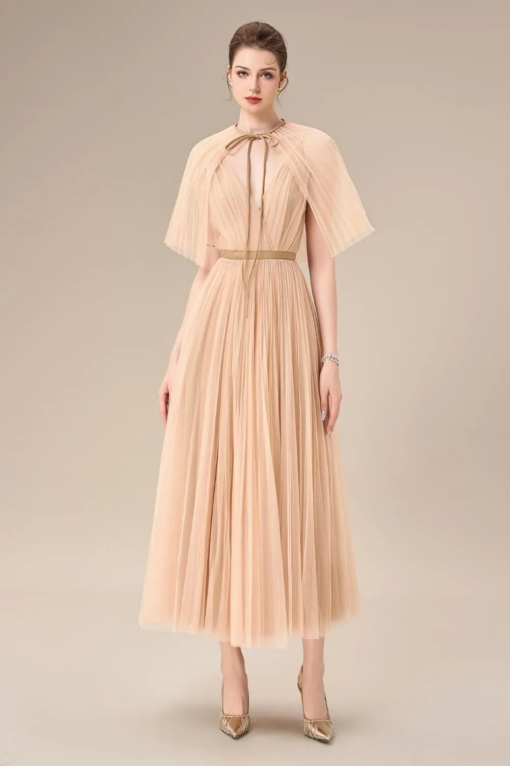 Gallin Pleated V-Neck Tulle Ankle Length Dress