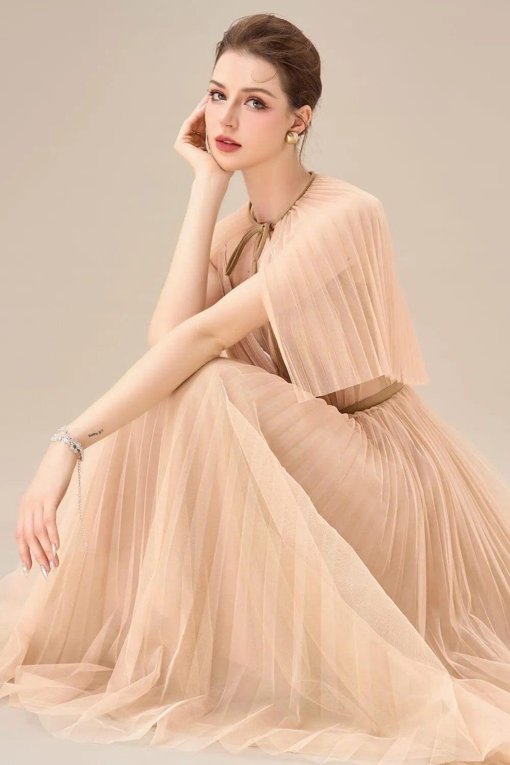 Gallin Pleated V-Neck Tulle Ankle Length Dress