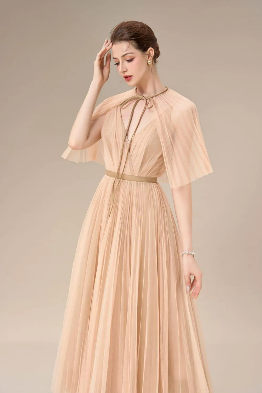 Gallin Pleated V-Neck Tulle Ankle Length Dress