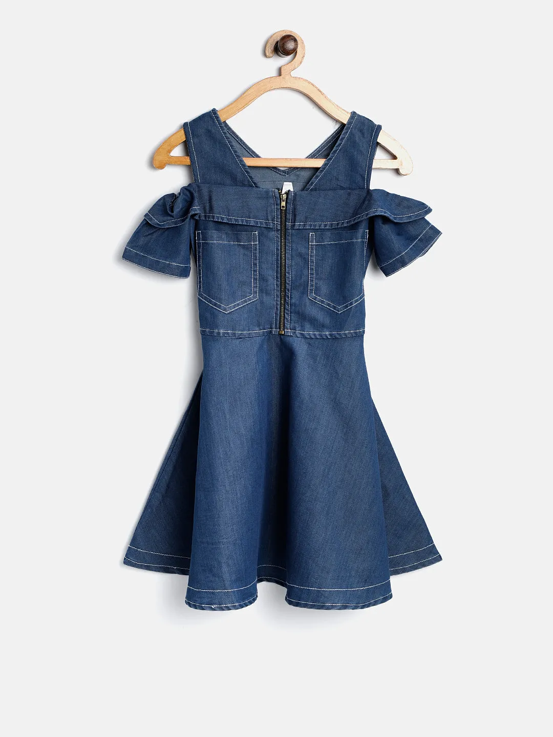 Girls Blue Denim Zip Cold Shoulder Dress