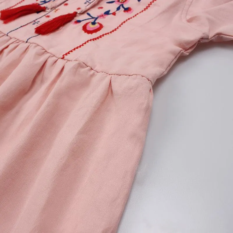 Girls' Long Sleeve Embroidery Tie-neck Tassel Dress
