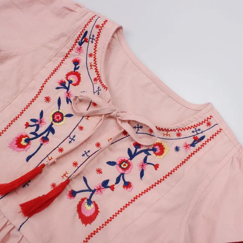 Girls' Long Sleeve Embroidery Tie-neck Tassel Dress