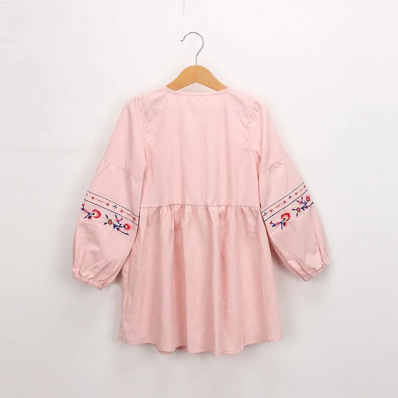Girls' Long Sleeve Embroidery Tie-neck Tassel Dress