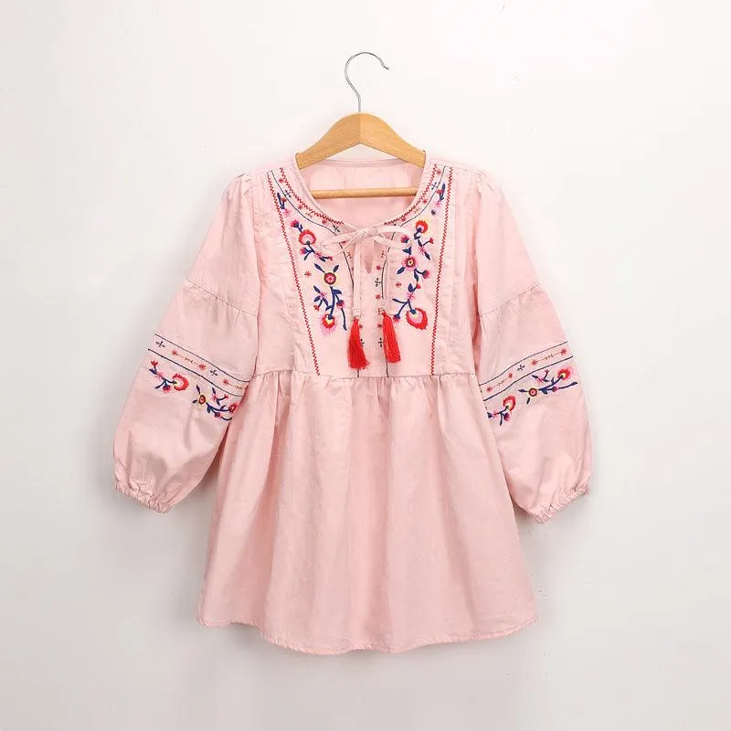 Girls' Long Sleeve Embroidery Tie-neck Tassel Dress