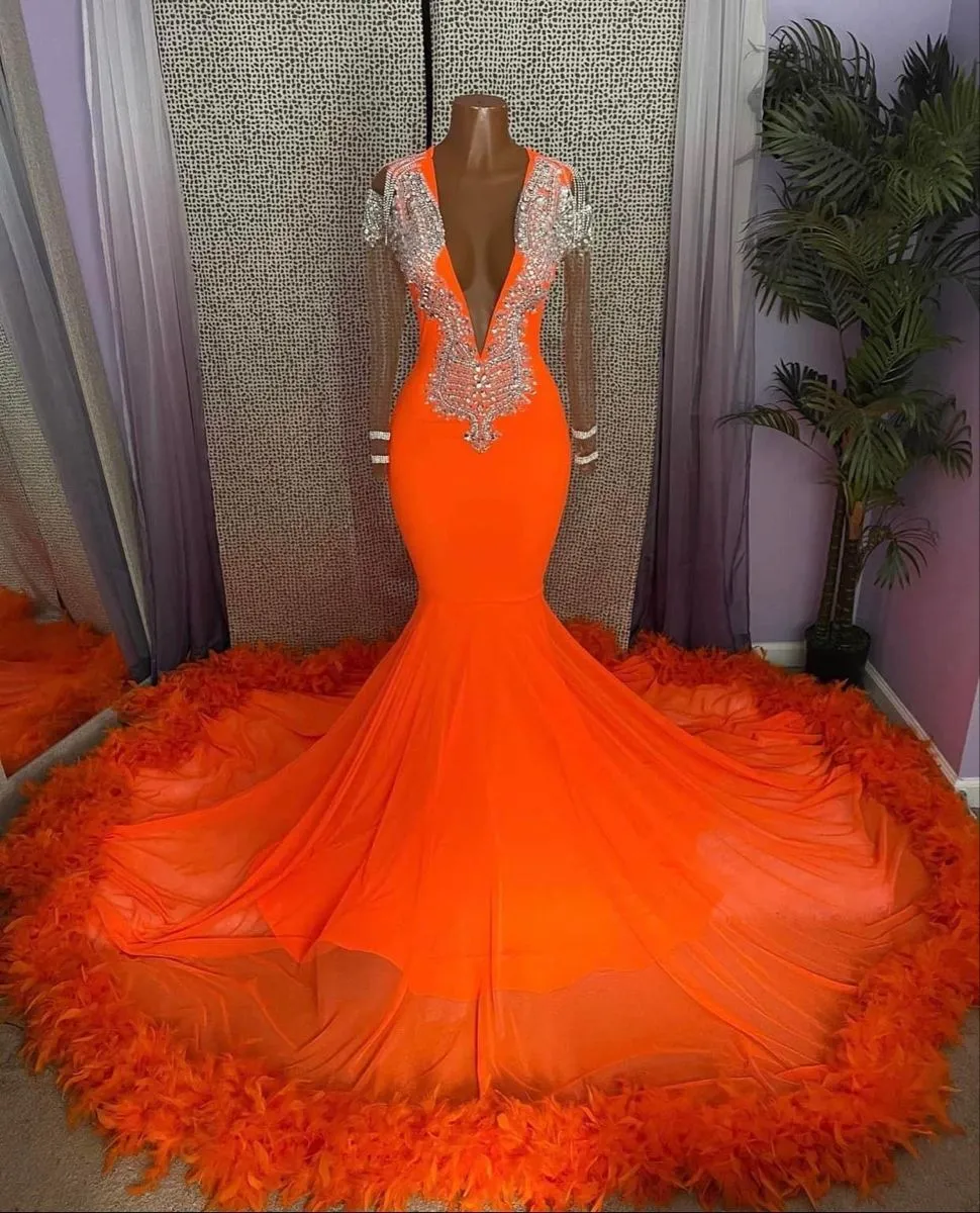 Gorgeous Orange Mermaid Tassel V-Neck Lace Prom Dress With Long Sleeves
