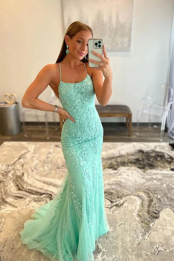 Green Mermaid Tulle Long Prom Dresses With Lace Appliques, Party Dress, SP919