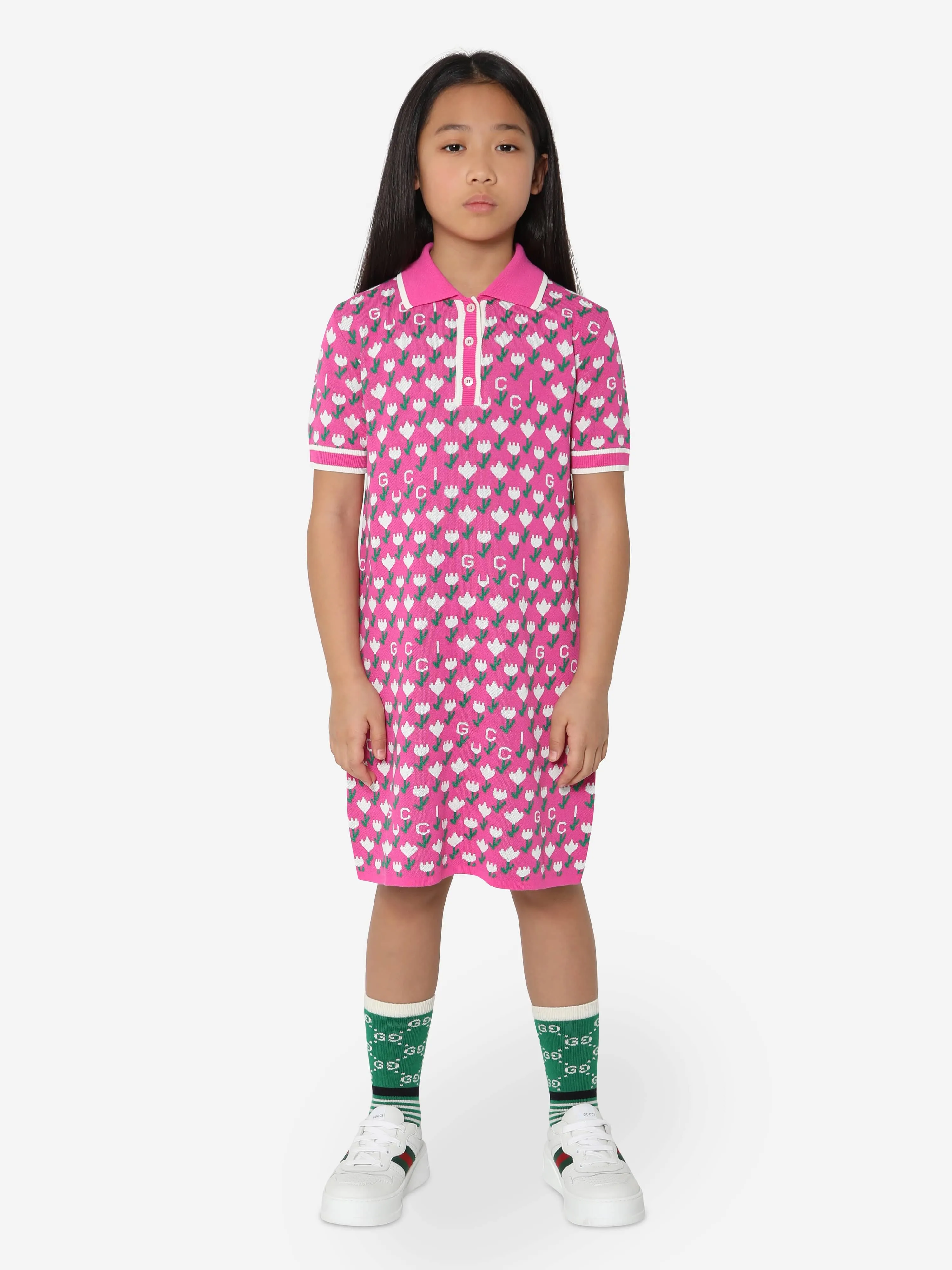 Gucci Girls Jacquard Logo Knitted Dress in Pink