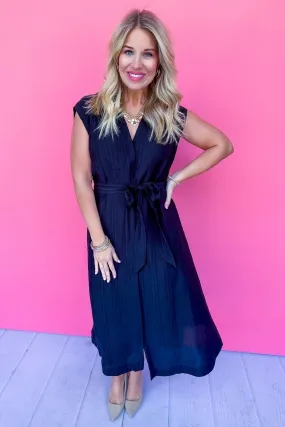 Hidden Button Down Tie Waist Midi Dress in Black