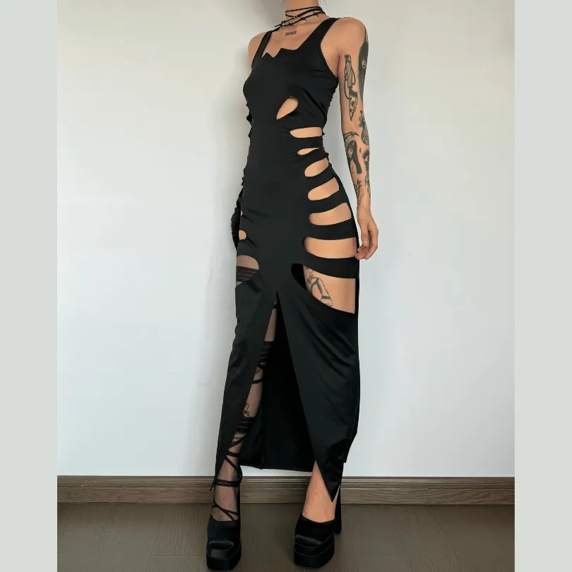 Hollow out solid slit sleeveless low cut maxi dress
