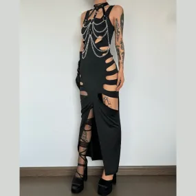 Hollow out solid slit sleeveless low cut maxi dress