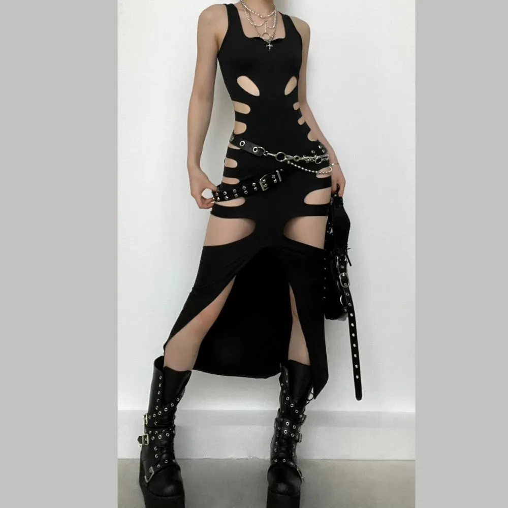 Hollow out solid slit sleeveless low cut maxi dress