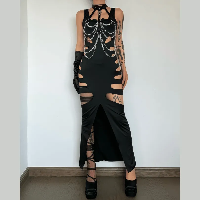 Hollow out solid slit sleeveless low cut maxi dress