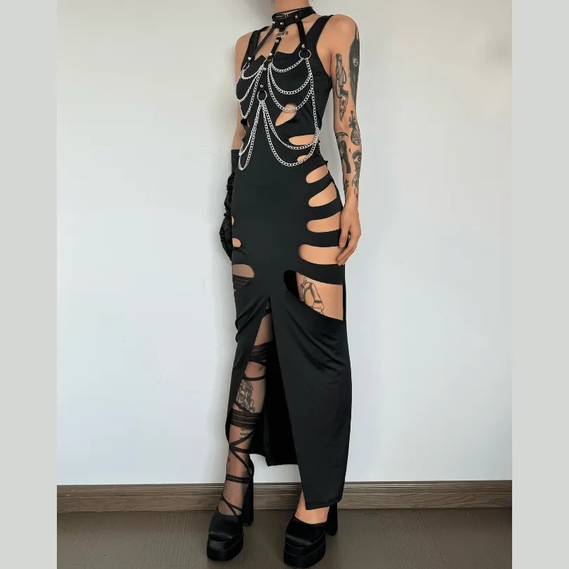 Hollow out solid slit sleeveless low cut maxi dress