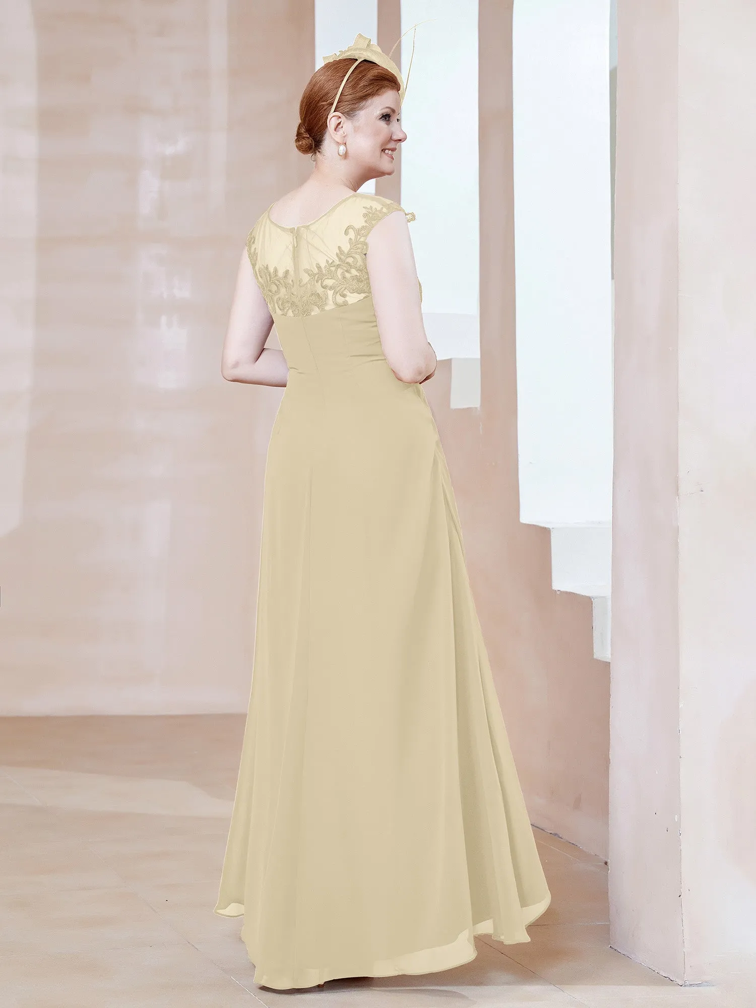 Illusion Lace Neckline Asymmetrical A-Line Dress Champagne