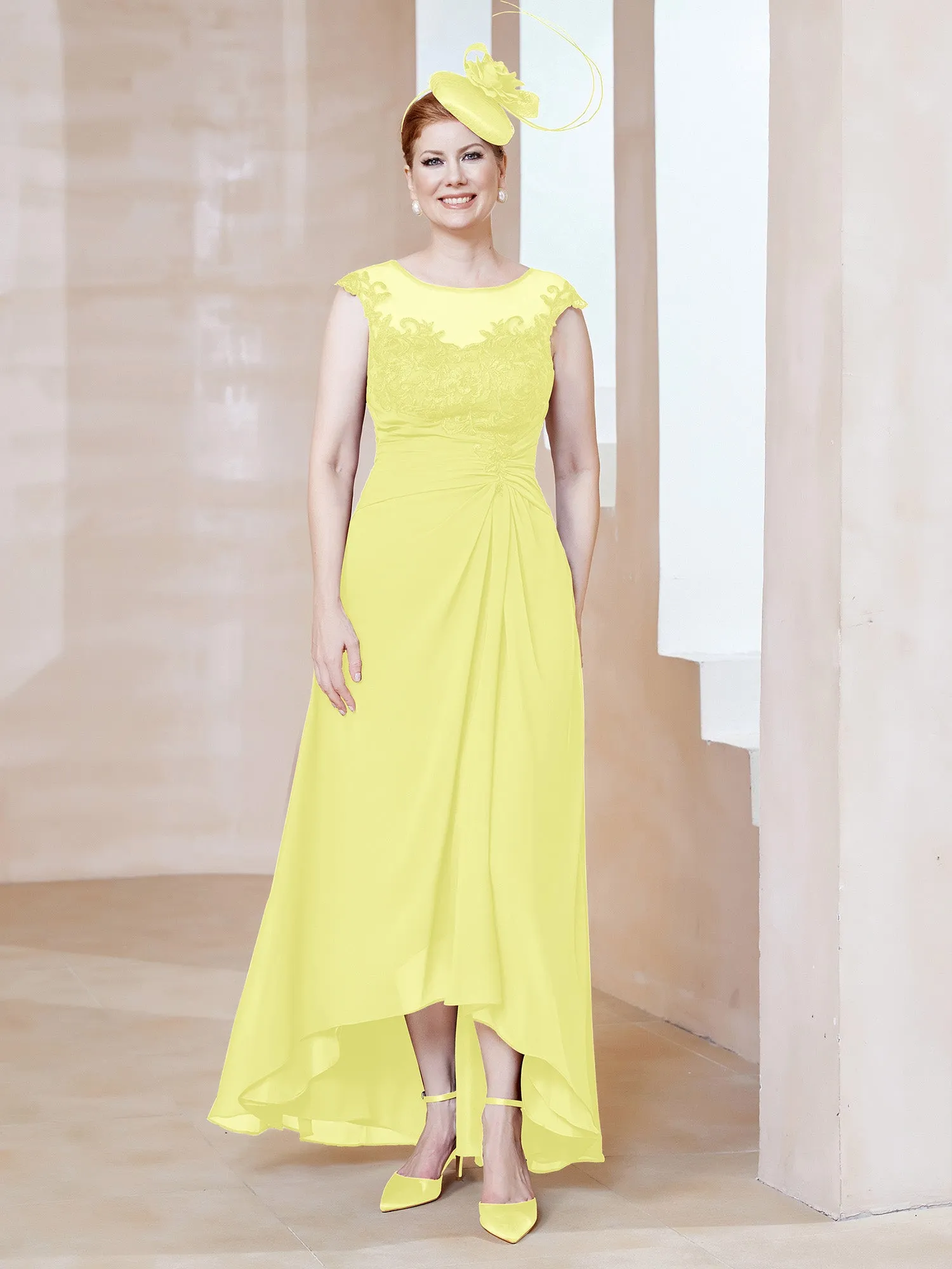 Illusion Lace Neckline Asymmetrical A-Line Dress Daffodil
