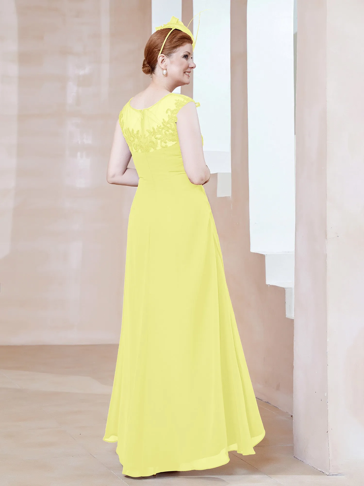 Illusion Lace Neckline Asymmetrical A-Line Dress Daffodil