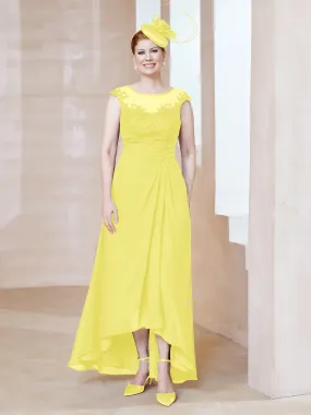 Illusion Lace Neckline Asymmetrical A-Line Dress Lemon