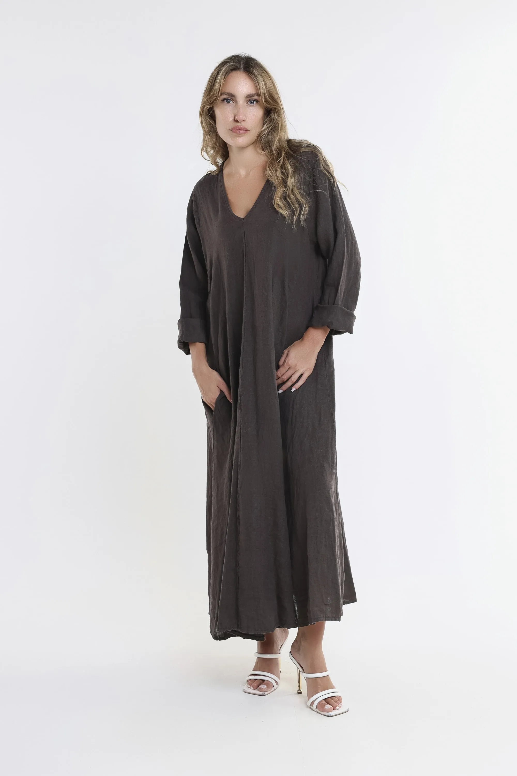 Jo 3/4 Sleeve V-Neck Long Linen Dress (DQ130)