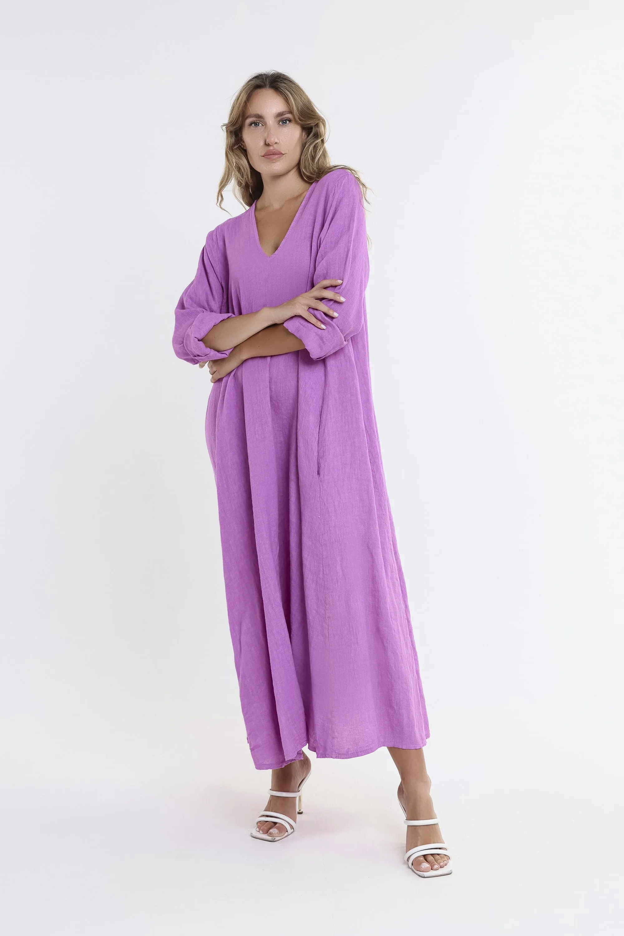 Jo 3/4 Sleeve V-Neck Long Linen Dress (DQ130)