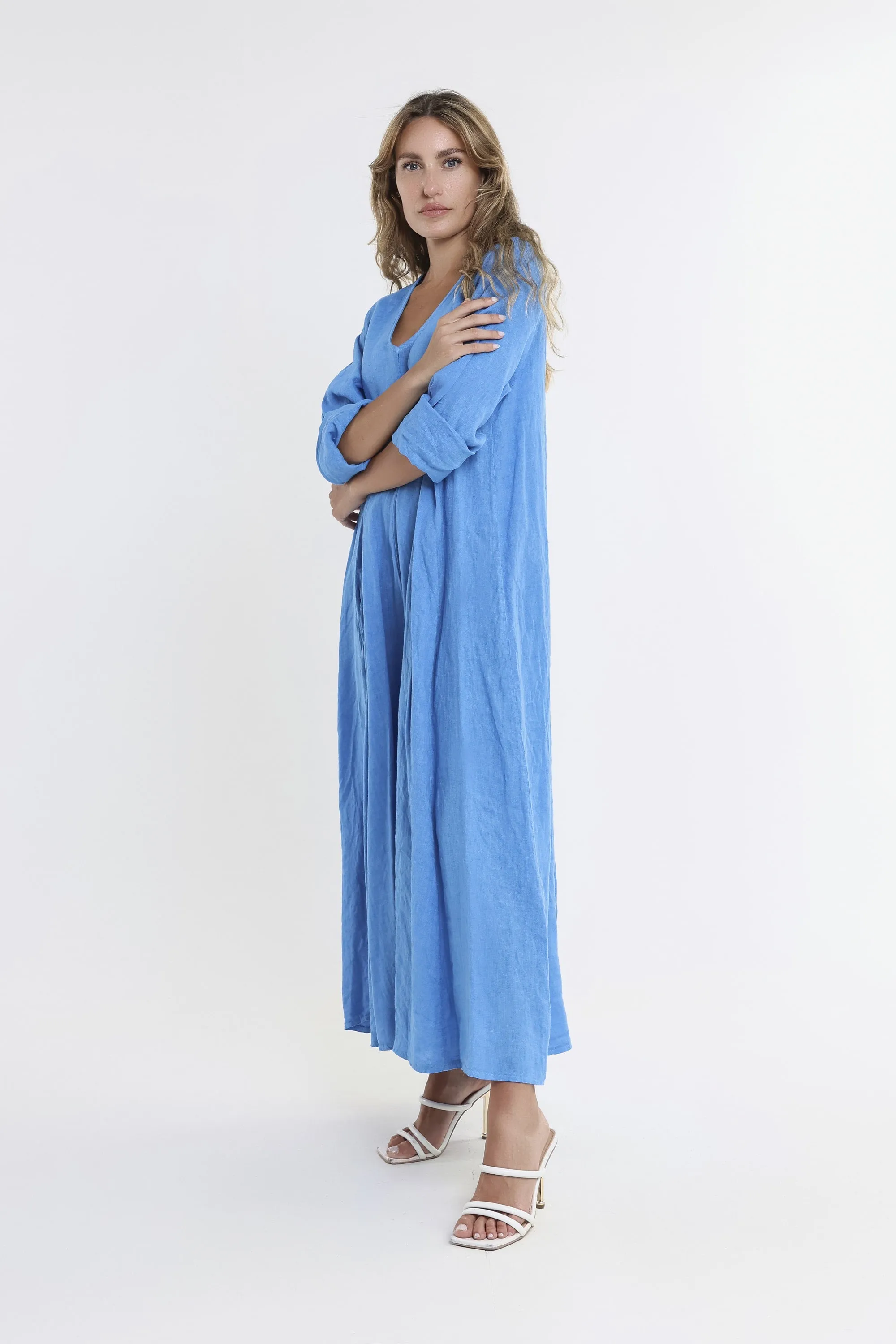 Jo 3/4 Sleeve V-Neck Long Linen Dress (DQ130)