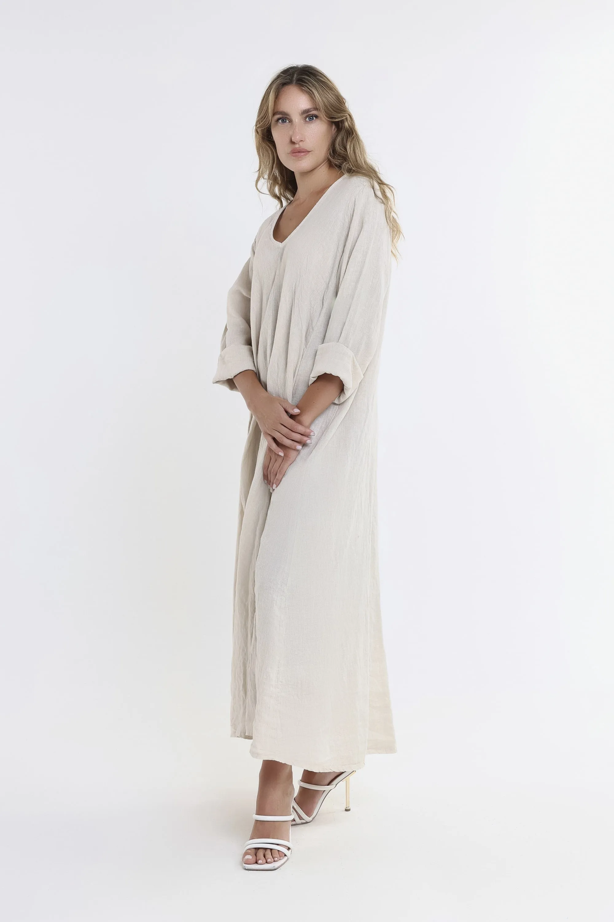 Jo 3/4 Sleeve V-Neck Long Linen Dress (DQ130)