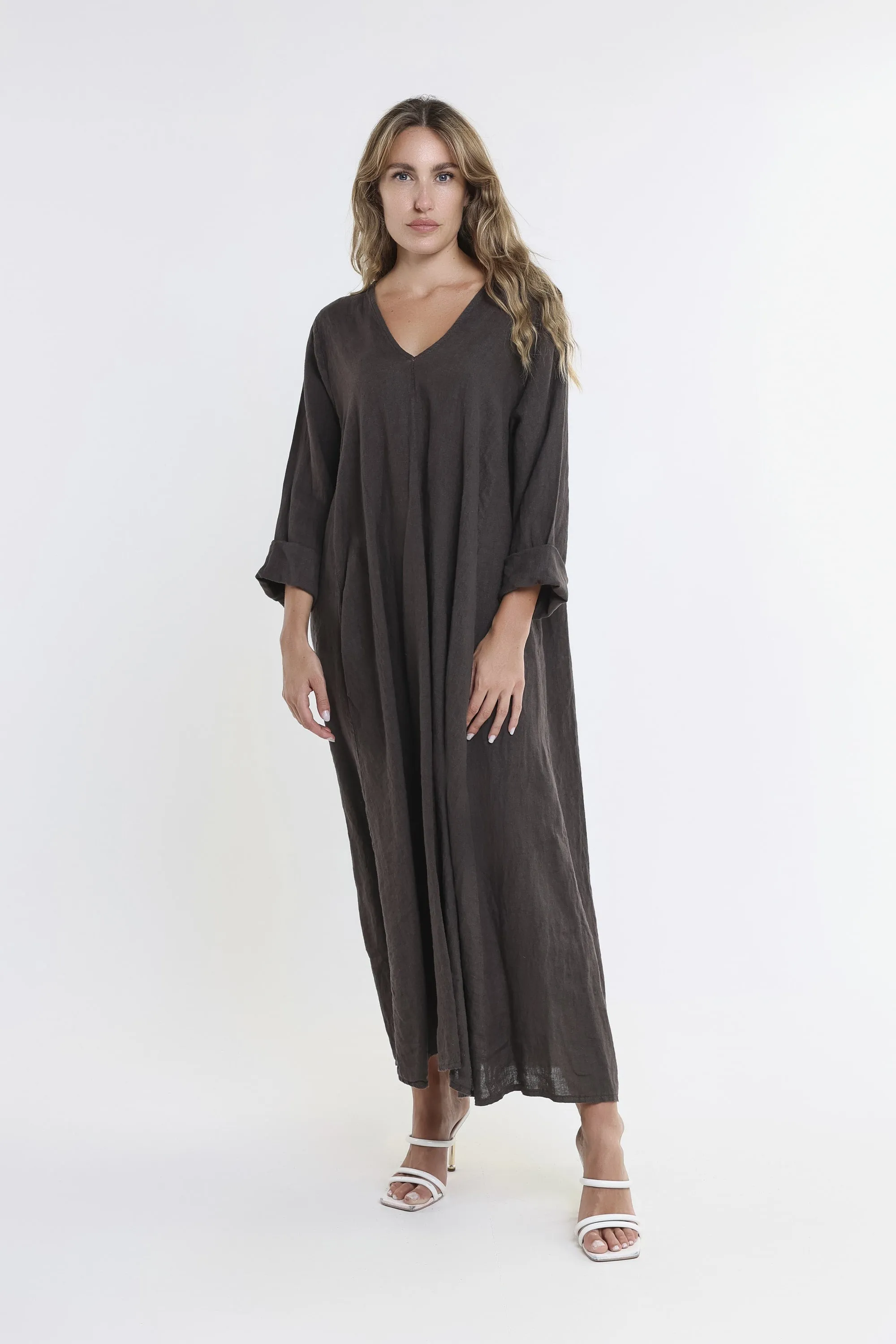 Jo 3/4 Sleeve V-Neck Long Linen Dress (DQ130)