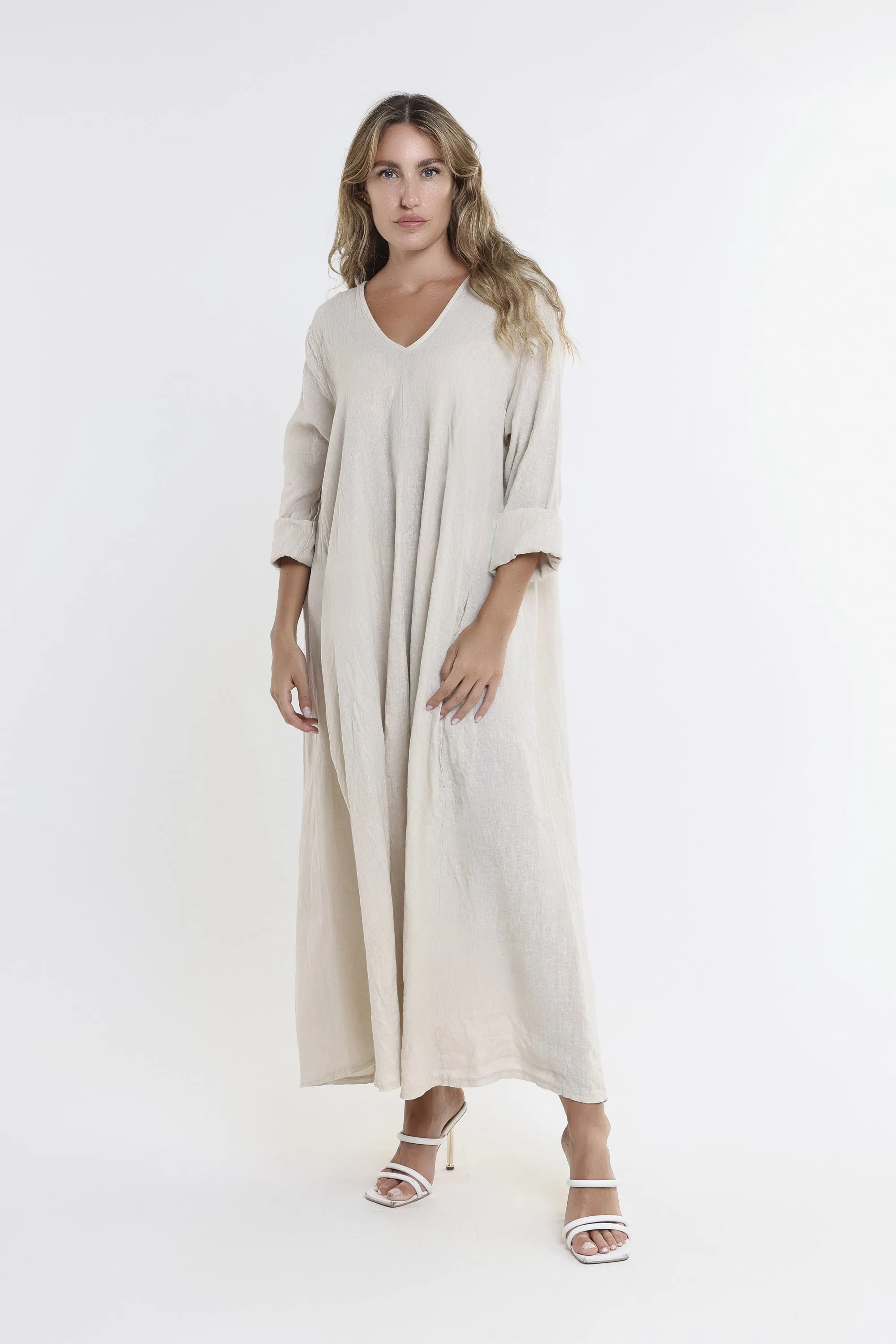 Jo 3/4 Sleeve V-Neck Long Linen Dress (DQ130)
