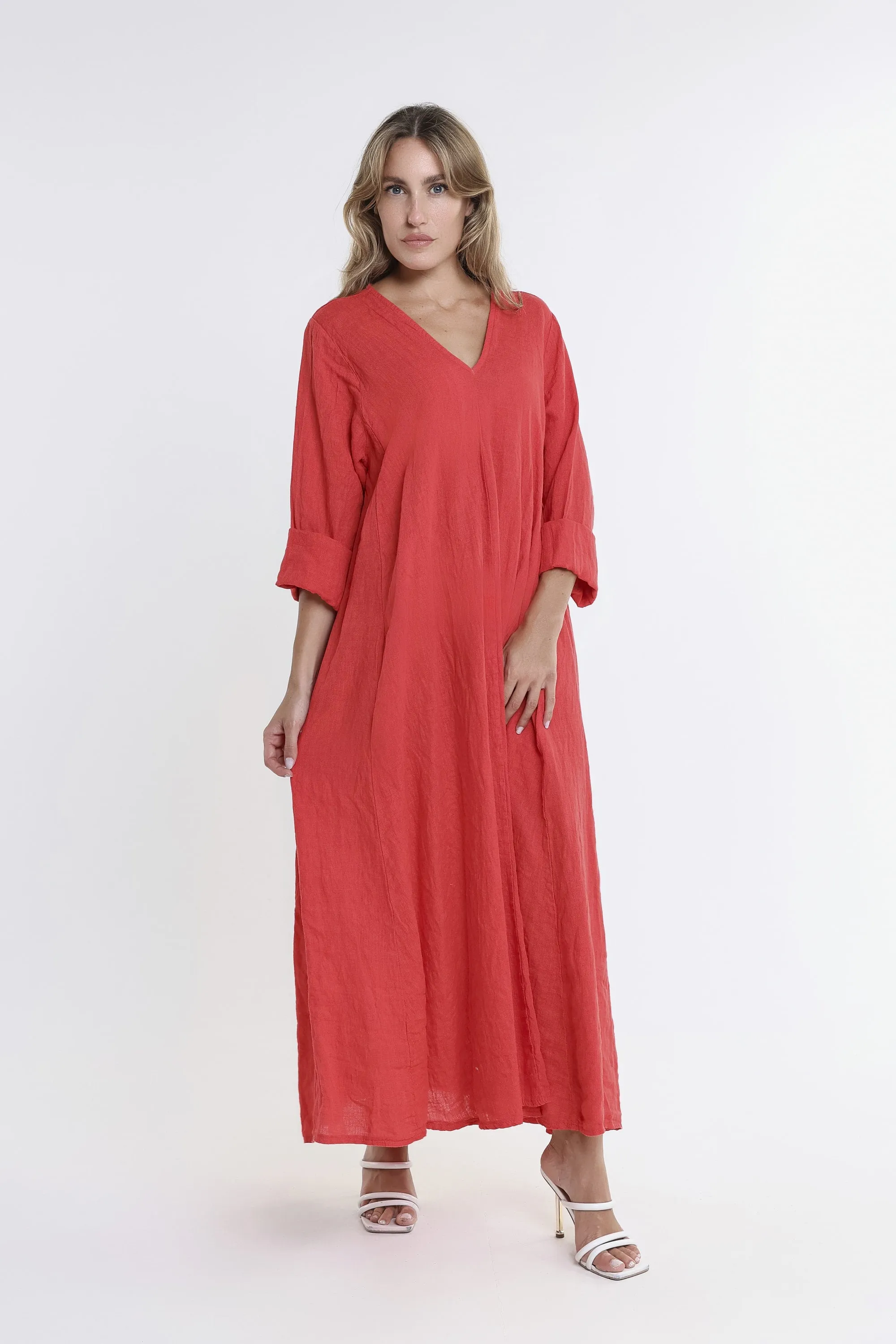 Jo 3/4 Sleeve V-Neck Long Linen Dress (DQ130)