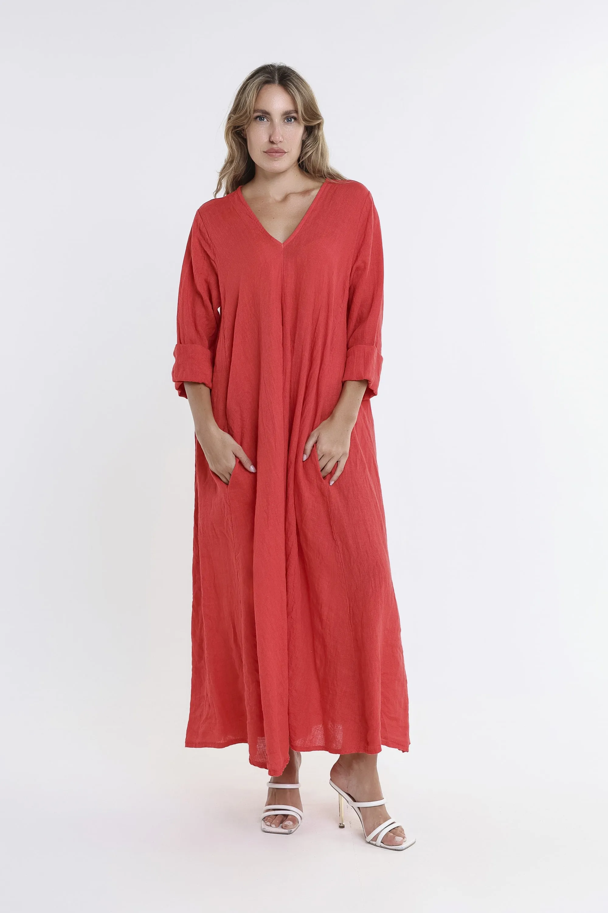 Jo 3/4 Sleeve V-Neck Long Linen Dress (DQ130)