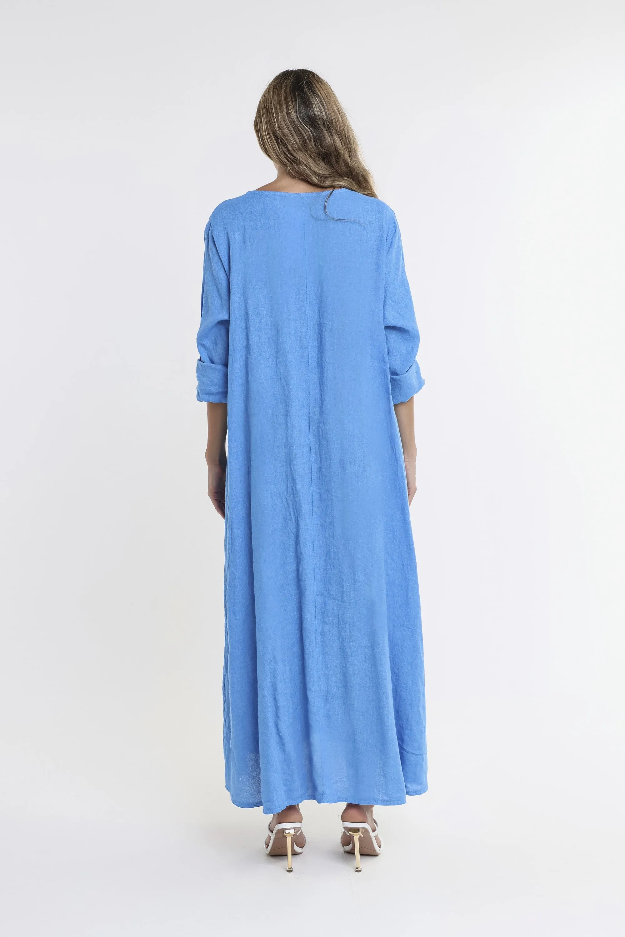 Jo 3/4 Sleeve V-Neck Long Linen Dress (DQ130)