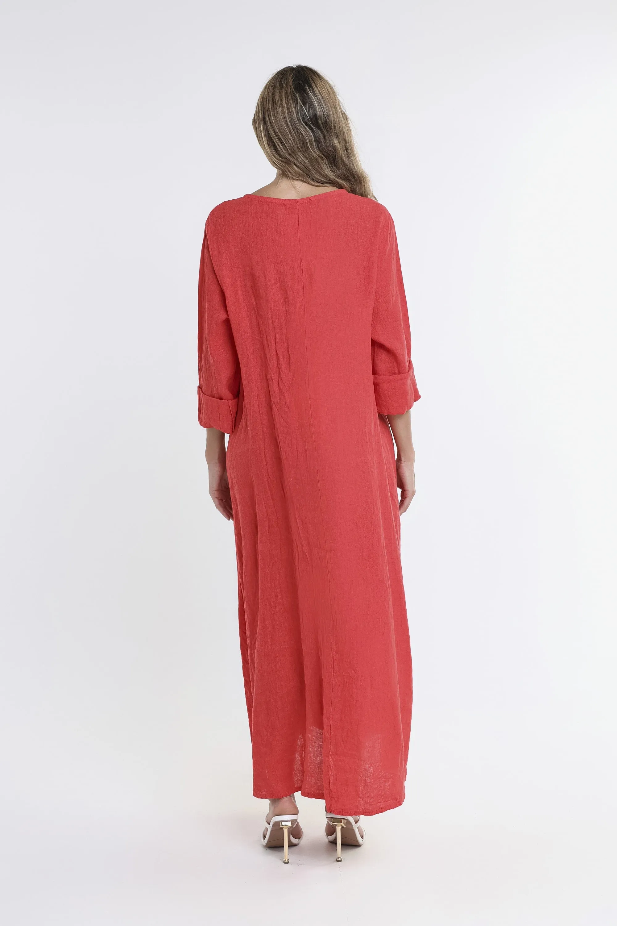 Jo 3/4 Sleeve V-Neck Long Linen Dress (DQ130)