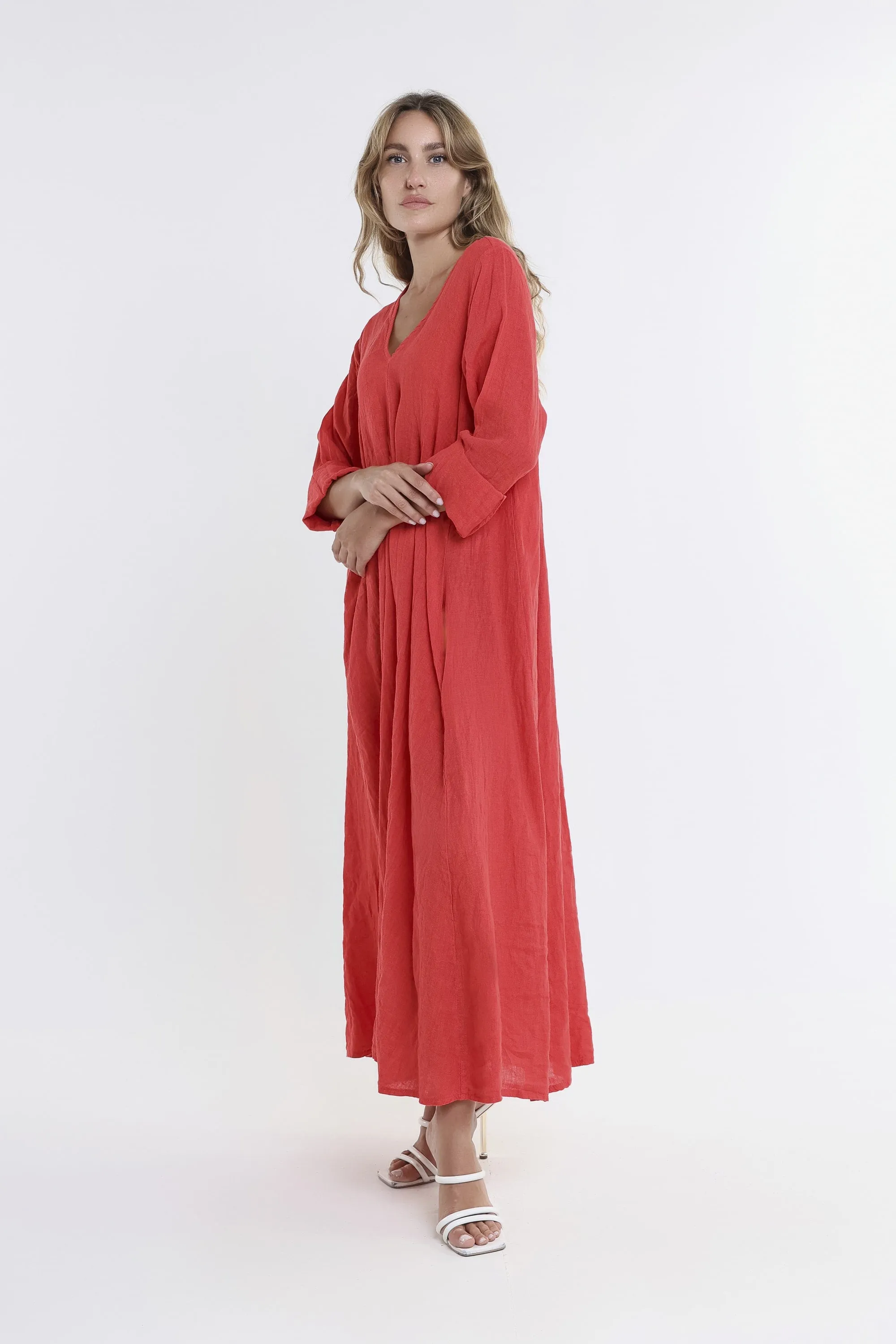 Jo 3/4 Sleeve V-Neck Long Linen Dress (DQ130)