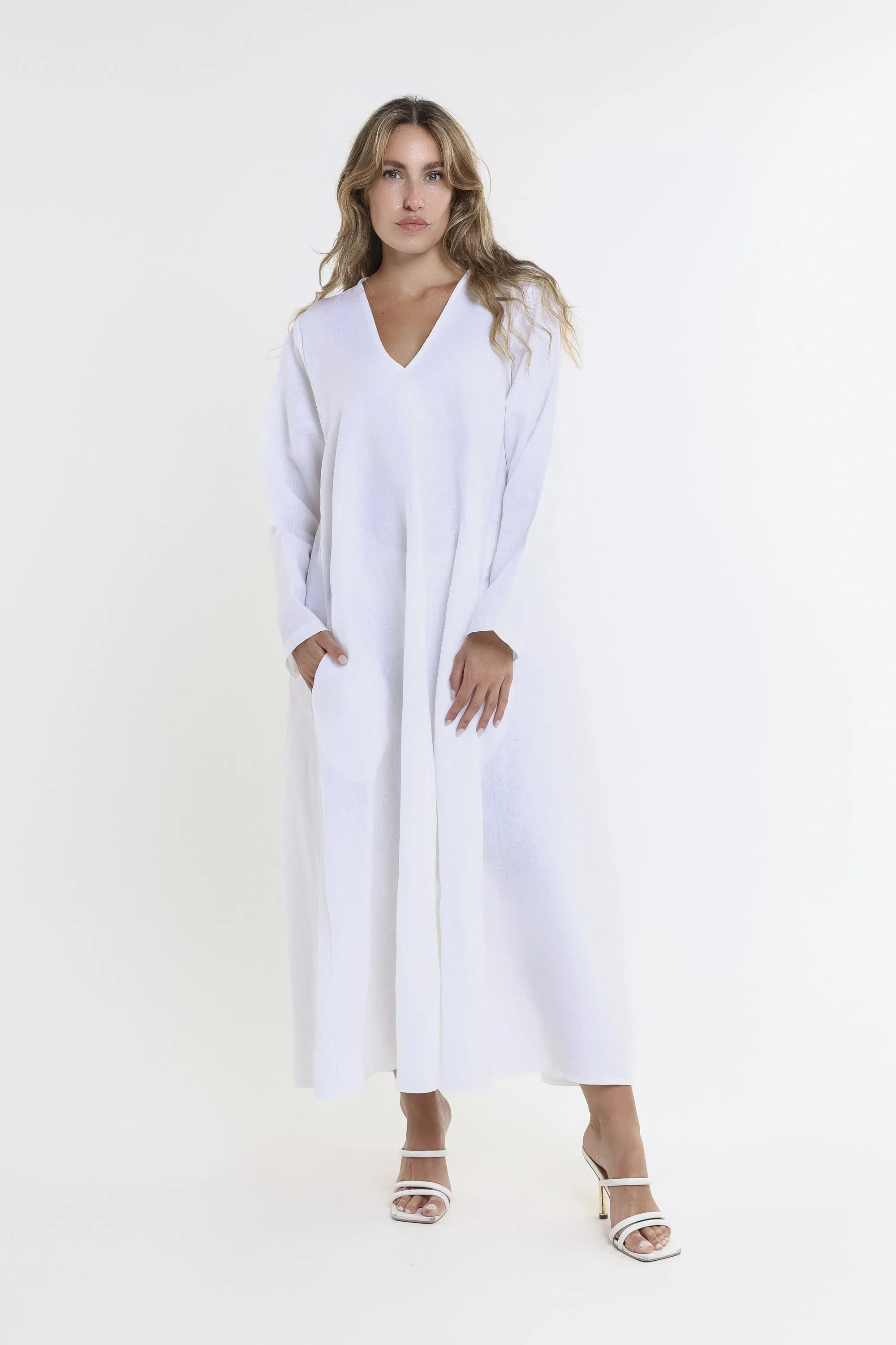 Jo 3/4 Sleeve V-Neck Long Linen Dress (DQ130)