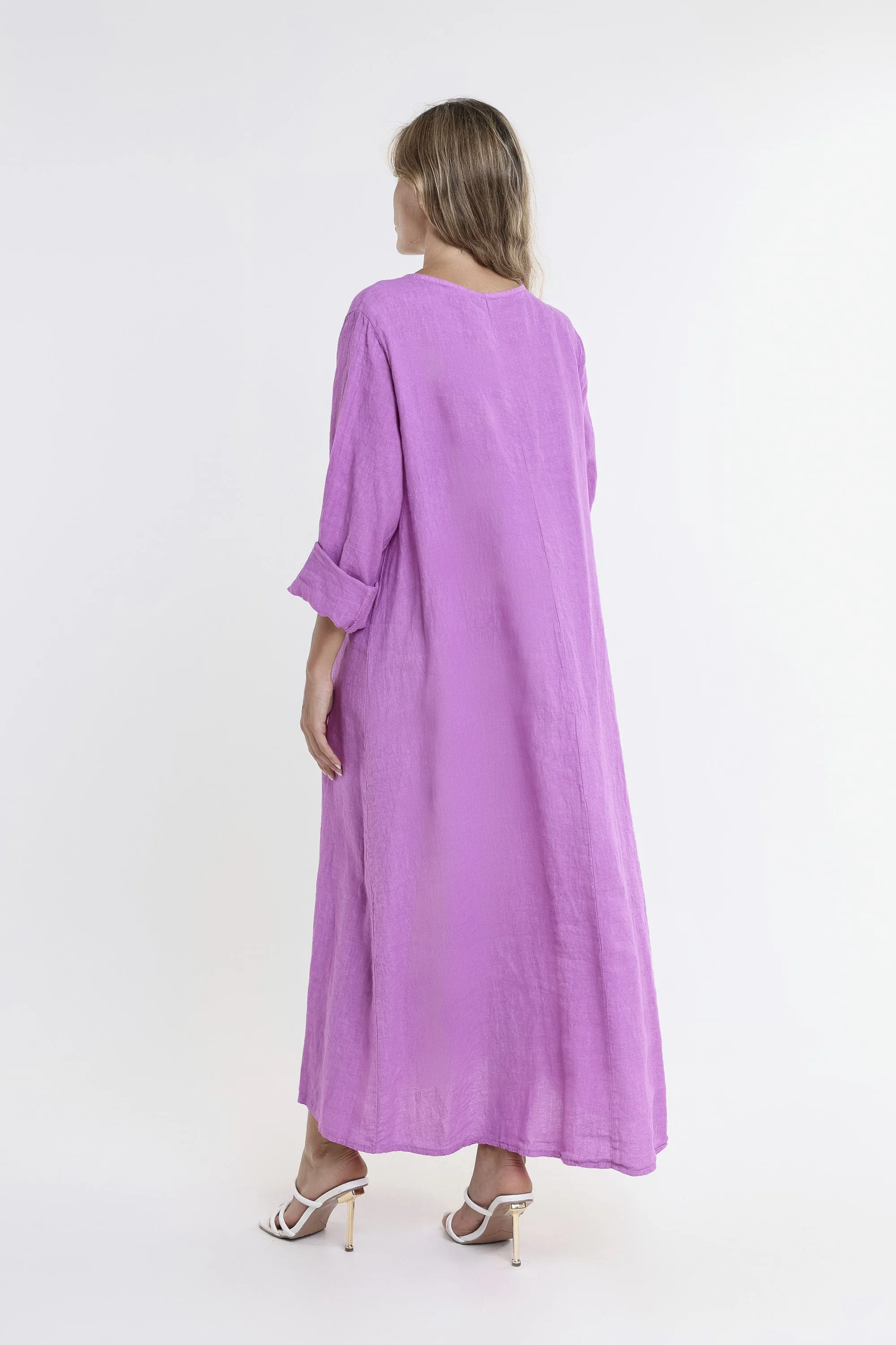 Jo 3/4 Sleeve V-Neck Long Linen Dress (DQ130)