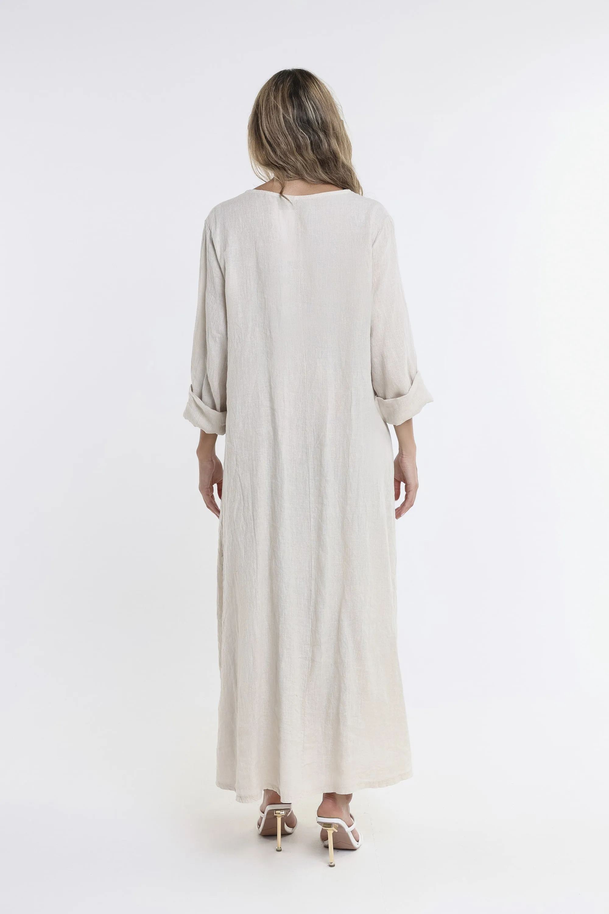 Jo 3/4 Sleeve V-Neck Long Linen Dress (DQ130)